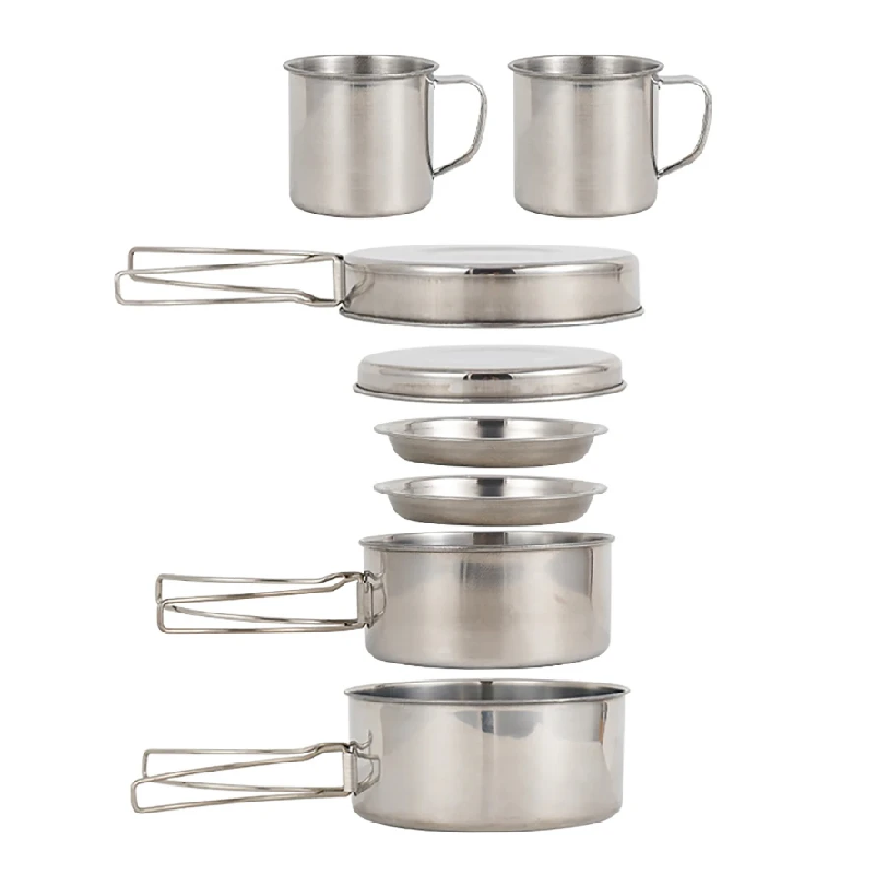 Camping Cooking Pots And Pans - 8-częściowy zestaw naczyń kempingowych ze stali